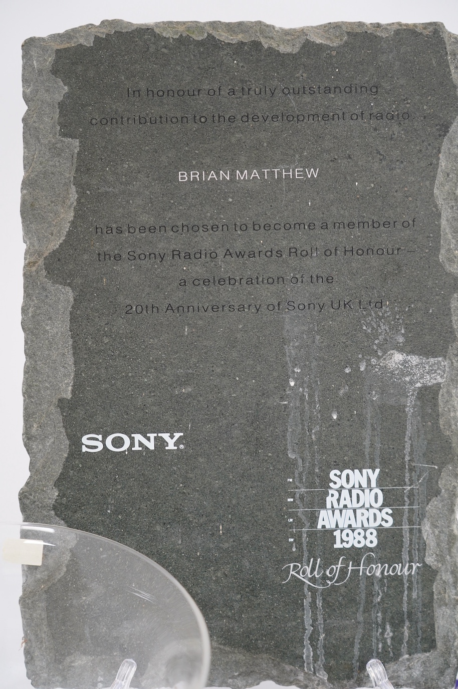 Five radio awards presented to Brian Matthew including; three Sony Radio Awards for 1988, 1996 and 2008, a glass pedestal bowl etched with the Radio Academy Hall of Fame Brian Matthew, and a Radio Academy recognition of